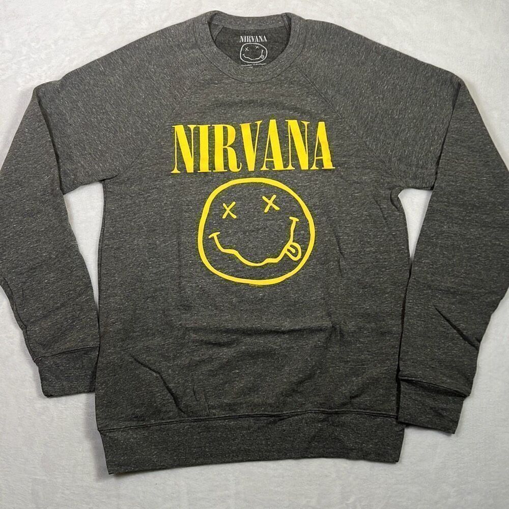 Nirvana smiley face grey‎ yellow band concert Crewneck pullover NWOT Men Medium